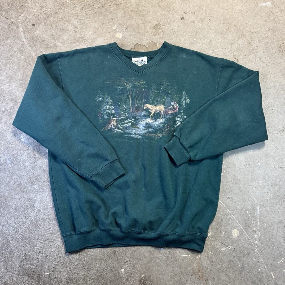 Vintage 1990s Horse Drawn Carriage Forest Snow Landscape Crewneck Size XL